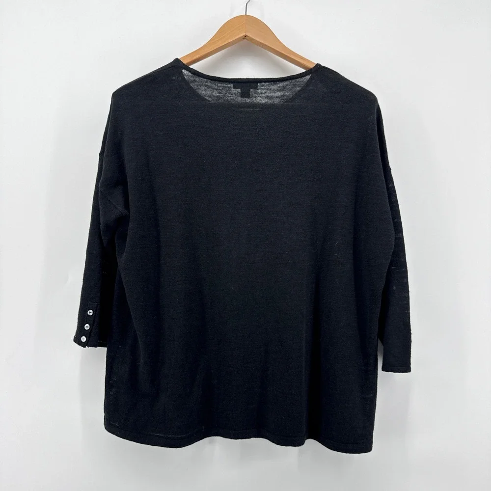 J.Jill Black 3/4 Sleeve‎ Linen Cotton Blend Knit Sweater Top Womens Size Small